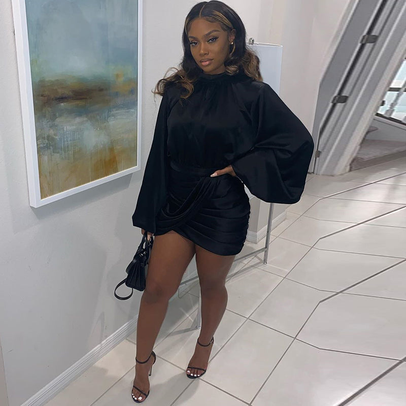 Lessverge Rollkragenkleid aus schwarzem Satinseide, elegantes kurzes Kleid für Damen, lässiges figurbetontes Kleid für Herbst und Winter