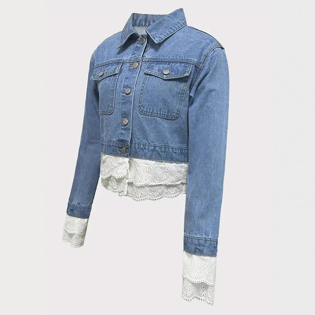 Damen-Denimjacke mit Spitzenstickerei