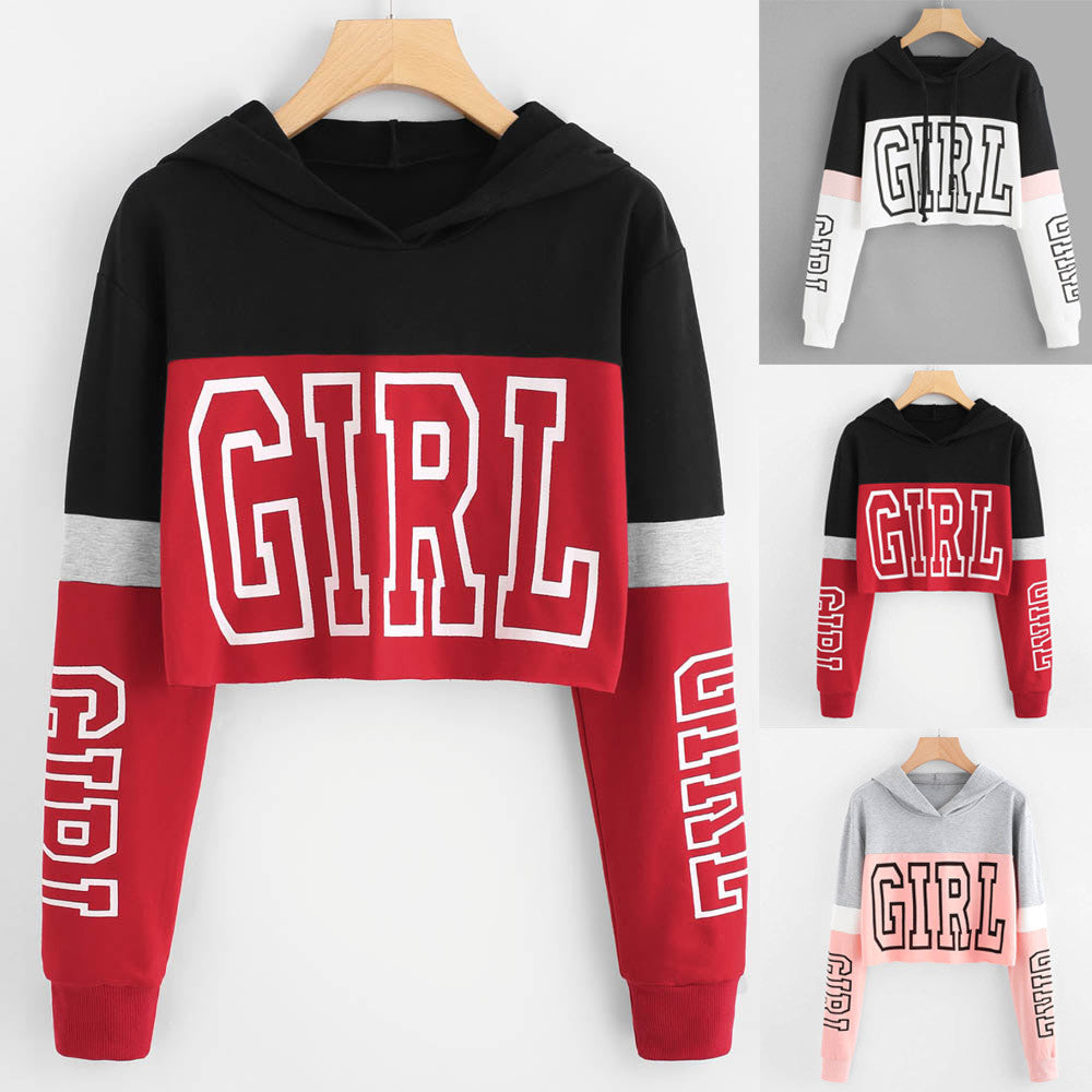 Crop Top Hoodie Sweatshirt Hoodies Damen Patchwork Lett