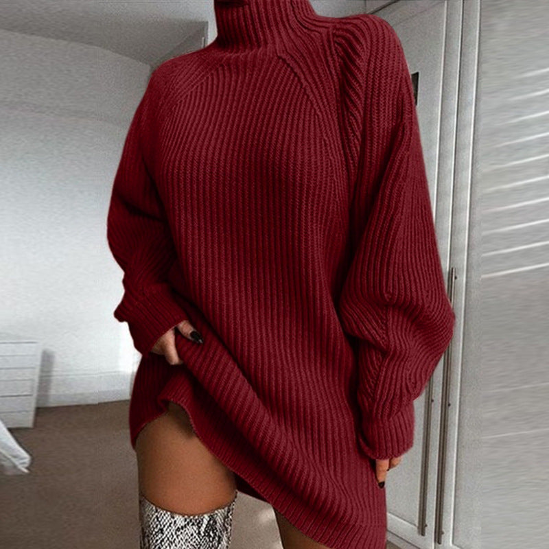 Langer, einfarbiger Rollkragenpullover, warm für den Winter, Damen-Strickkleid