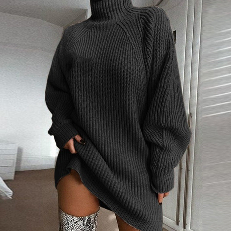 Langer, einfarbiger Rollkragenpullover, warm für den Winter, Damen-Strickkleid