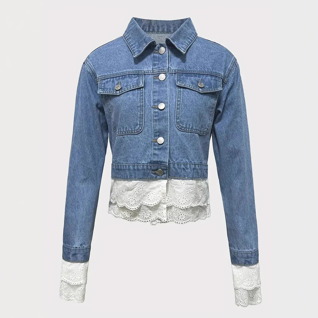 Damen-Denimjacke mit Spitzenstickerei