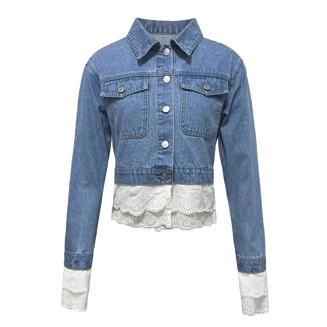 Damen-Denimjacke mit Spitzenstickerei