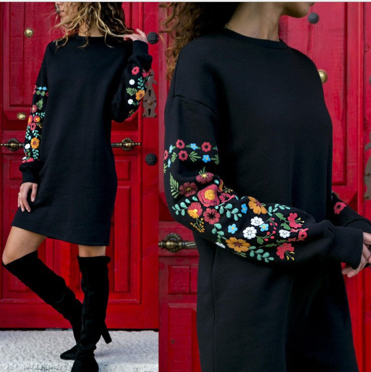 Damen Herbst Winter Lässiges Langarmkleid mit Blumenstickerei Weste A UN Damen Mujeres Kleider Para Mujeres Kleider für Damen