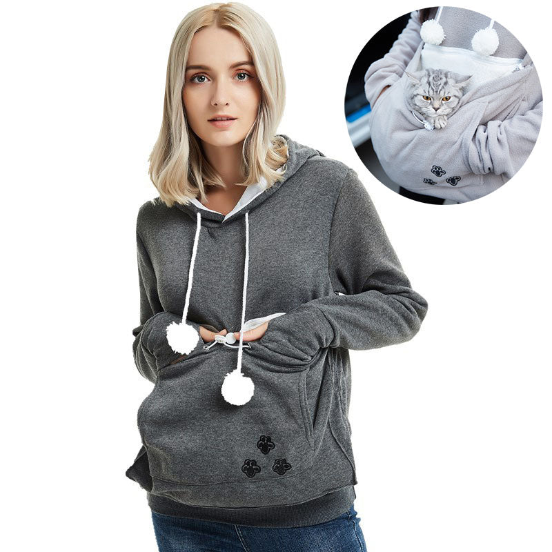Kapuzenpullover mit Haustiertasche für Katzen, Winterkleidung für Damen