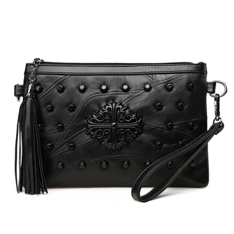 Modische Lederhandtasche, Freizeittasche für Damen, Damen-Umhängetasche aus Schaffell mit Ziernähten, handgefertigte kleine Tasche mit Fransen