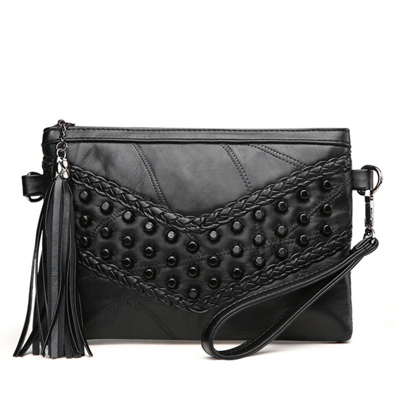 Modische Lederhandtasche, Freizeittasche für Damen, Damen-Umhängetasche aus Schaffell mit Ziernähten, handgefertigte kleine Tasche mit Fransen