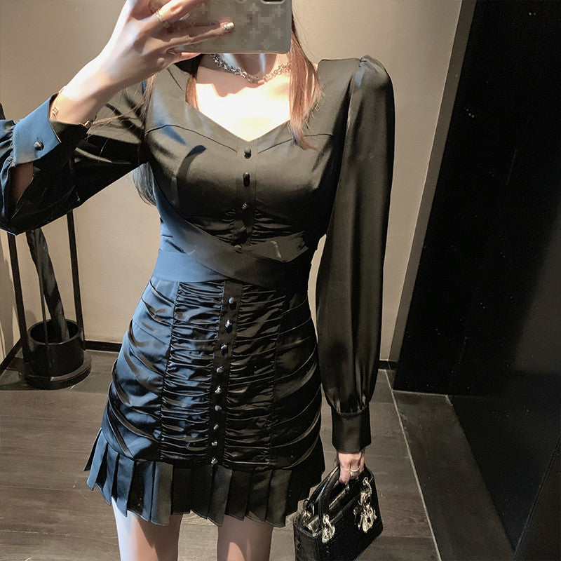 Puffärmelkleid für Damen, Herbst und Winter, figurschmeichelnd, Faltenrock