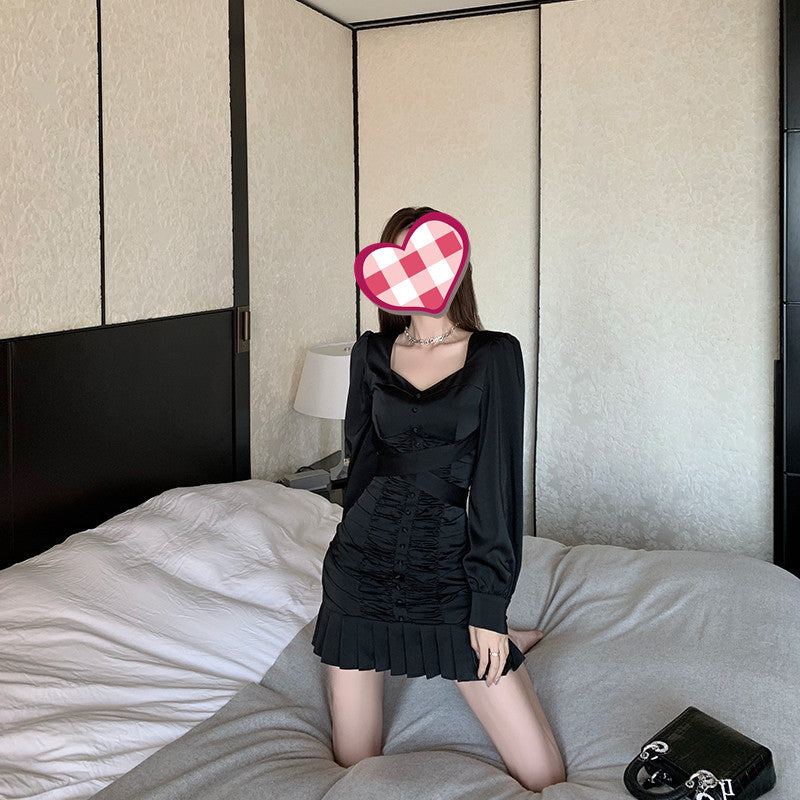 Puffärmelkleid für Damen, Herbst und Winter, figurschmeichelnd, Faltenrock