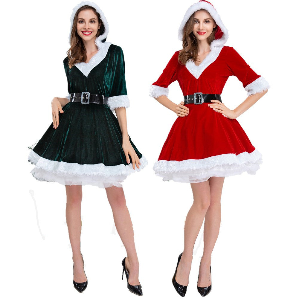 Weihnachtliches Winterkleid für Damen, langärmelig, V-Ausschnitt, Plüschverzierung, gestufter Rüschensaum, Dessous