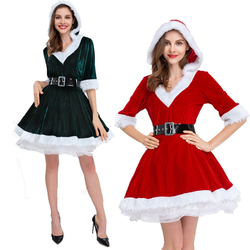 Weihnachtliches Winterkleid für Damen, langärmelig, V-Ausschnitt, Plüschverzierung, gestufter Rüschensaum, Dessous