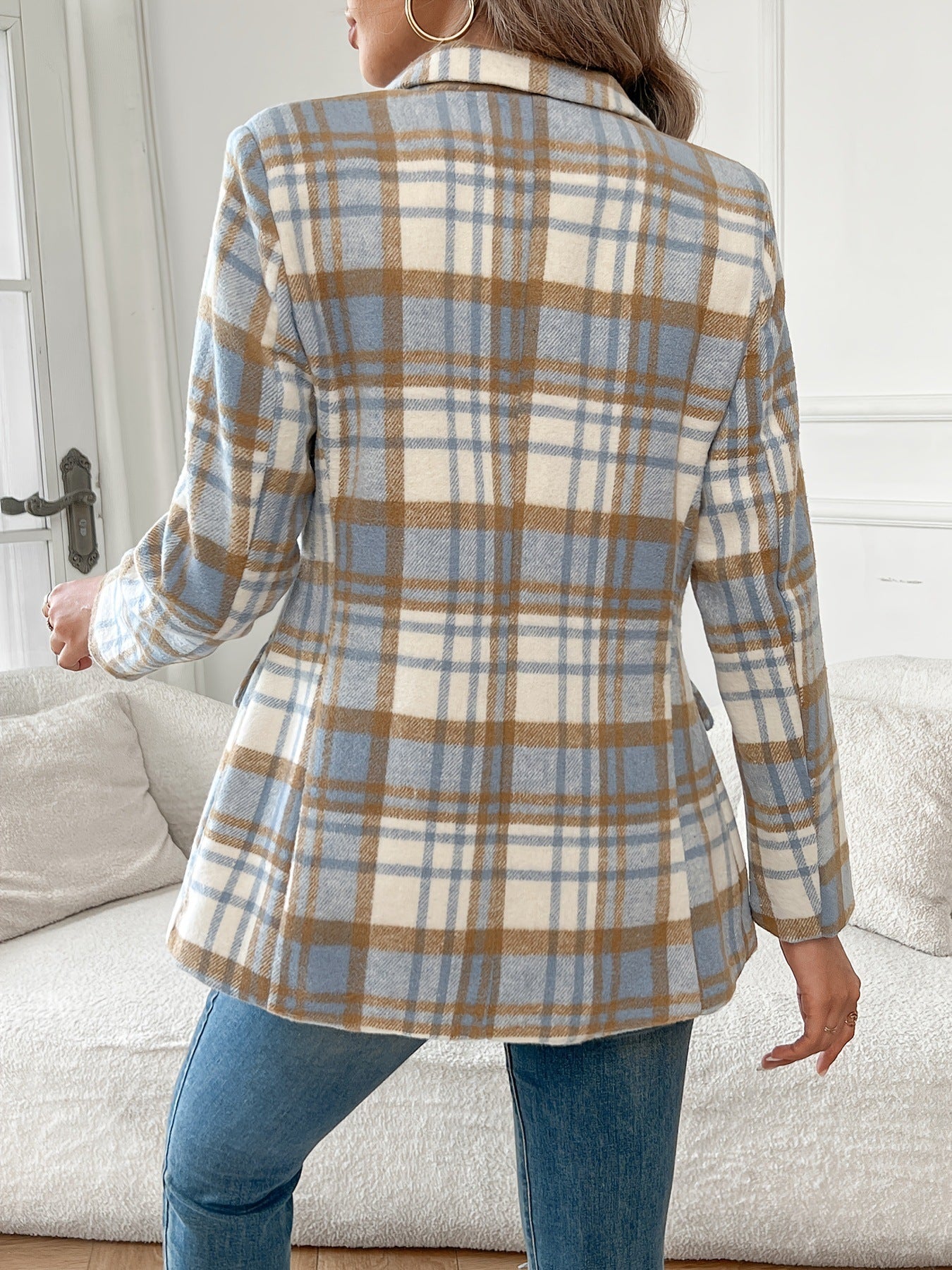 Karierter Blazer mit Knopfleiste und Revers, eleganter Langarmblazer