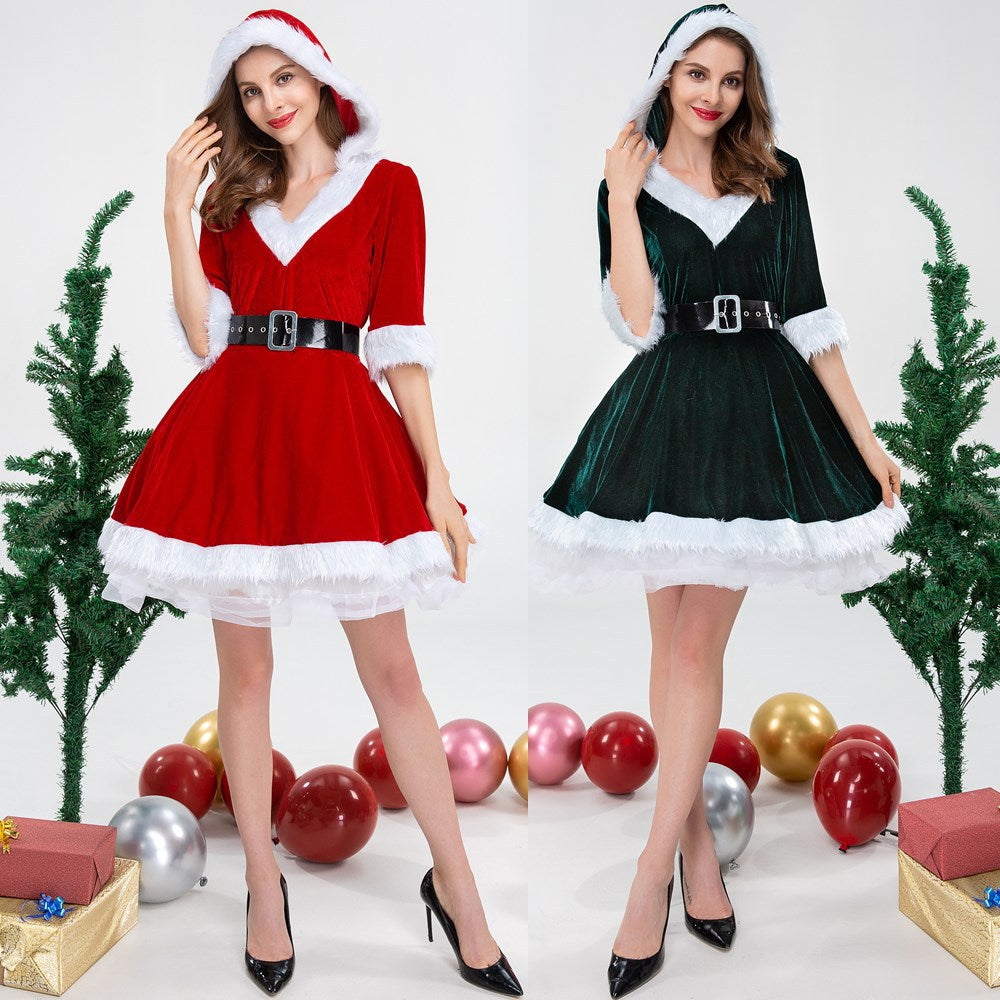 Weihnachtliches Winterkleid für Damen, langärmelig, V-Ausschnitt, Plüschverzierung, gestufter Rüschensaum, Dessous