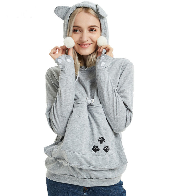 Kapuzenpullover mit Haustiertasche für Katzen, Winterkleidung für Damen