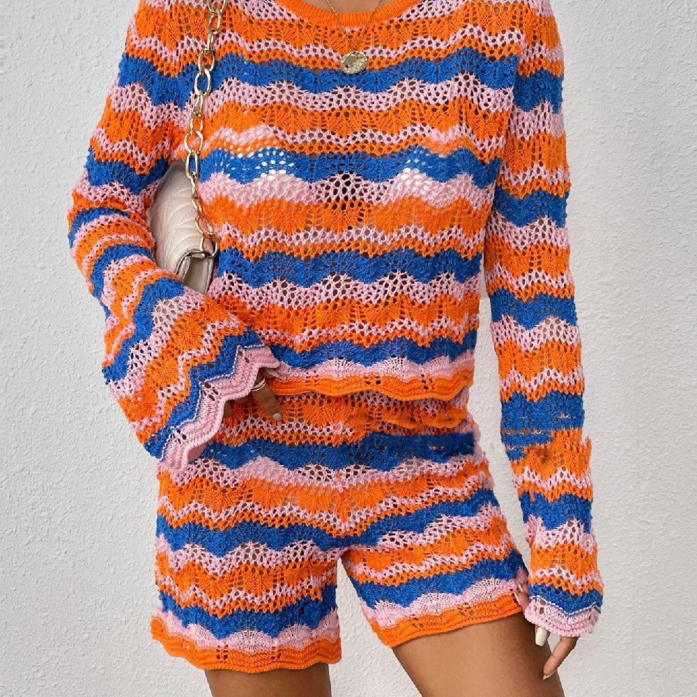 Strickwaren für Zuhause, lockerer, farbig gestreifter Rundhalspullover für Damen