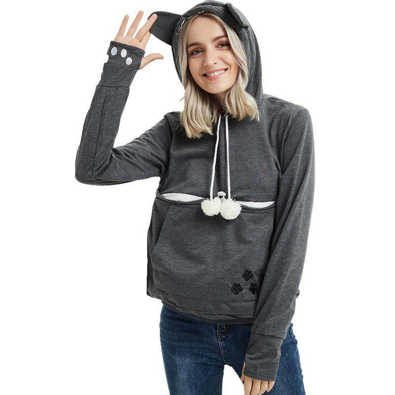 Kapuzenpullover mit Haustiertasche für Katzen, Winterkleidung für Damen