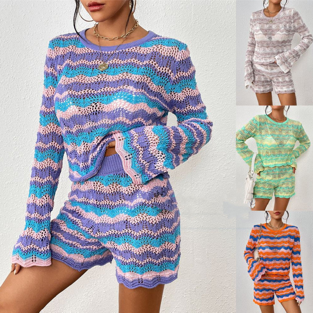 Strickwaren für Zuhause, lockerer, farbig gestreifter Rundhalspullover für Damen