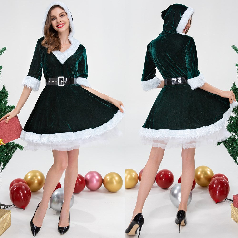 Weihnachtliches Winterkleid für Damen, langärmelig, V-Ausschnitt, Plüschverzierung, gestufter Rüschensaum, Dessous